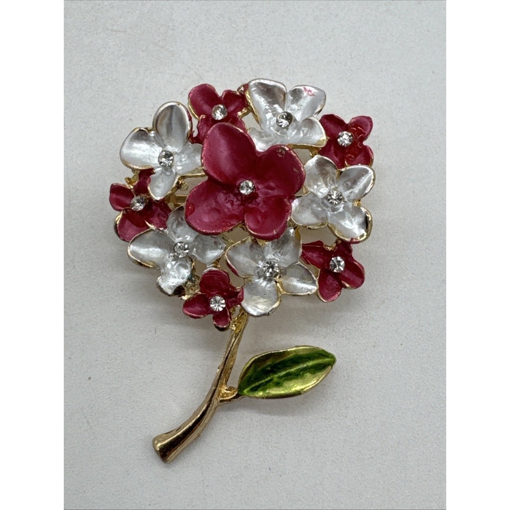 Vintage Flower Brooch Pin Bloom Pink & White Rhinestone Enamel Petal Gold Tone